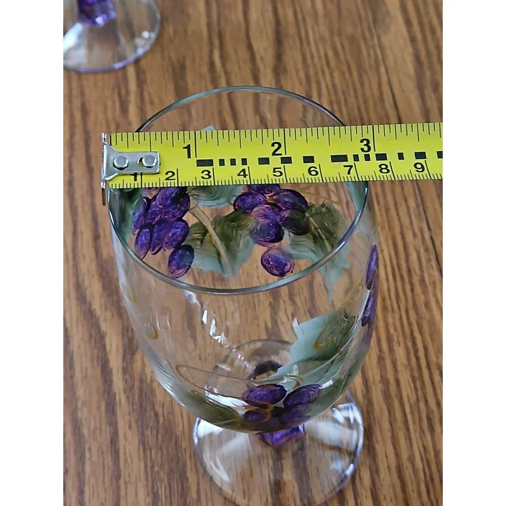 Set of 2 Hand Painted Grape Stemmed Wine Glasses, Clear Purple Glass Vines